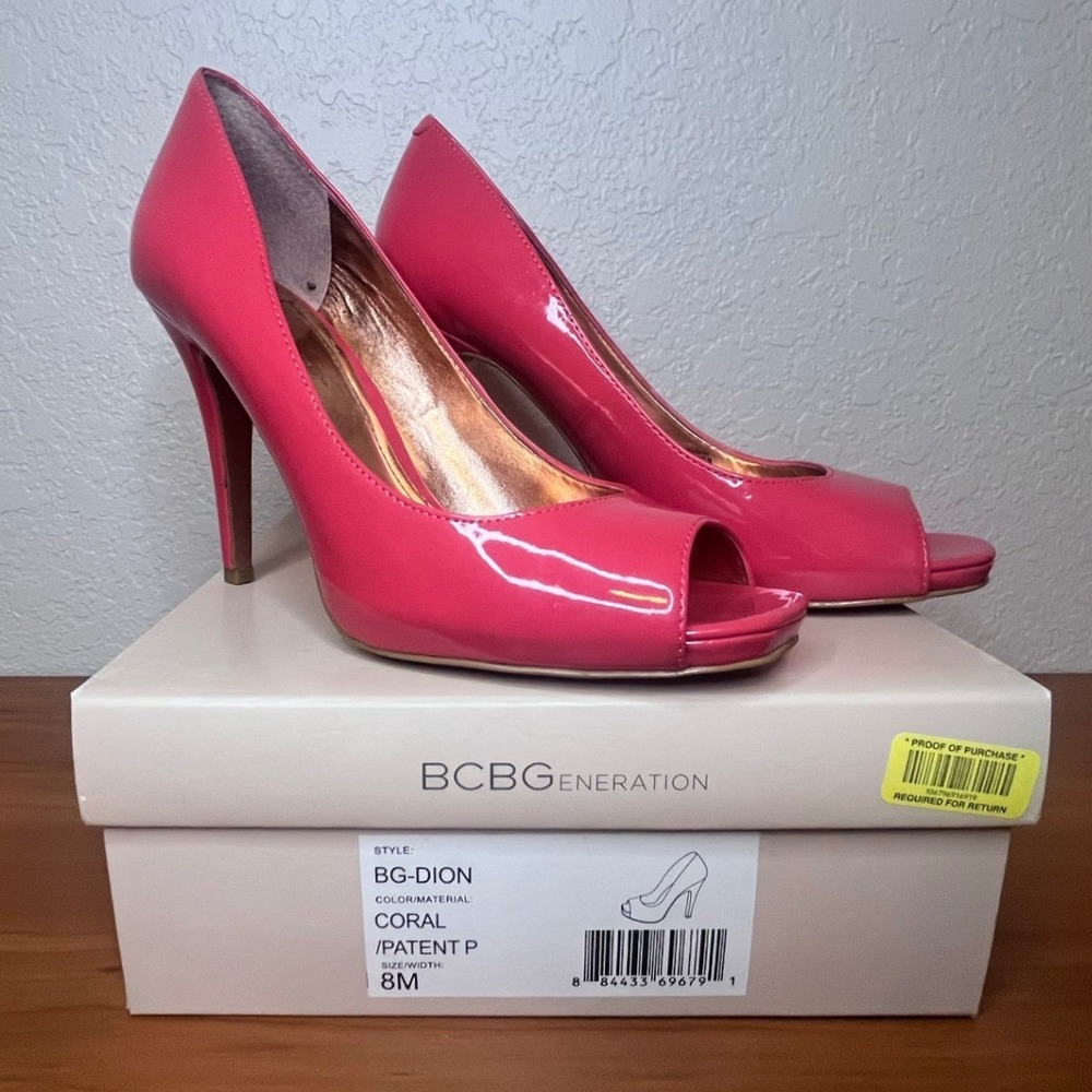 BCBGeneration BG-Dion Coral Pink Patent Peep Toe Stiletto Heels Pumps Size 8M